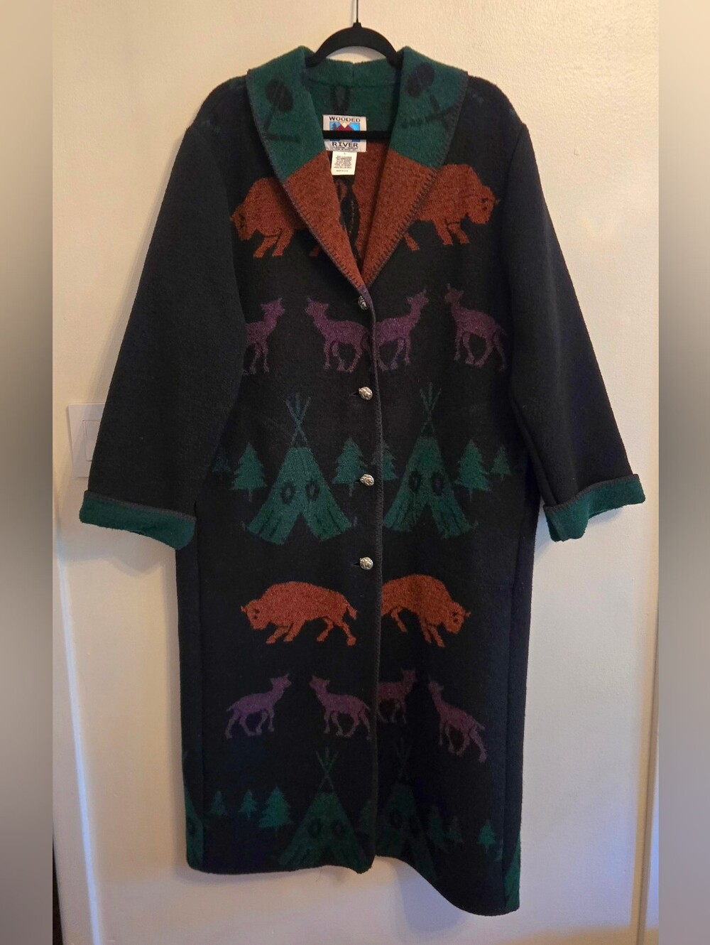 Vintage Wooded River Buffalo Totem Long Blanket Coat Made In Idaho USA Large